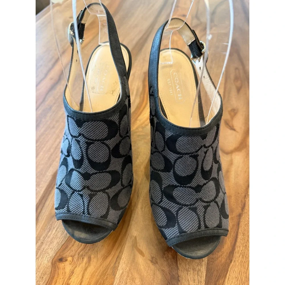 Coach Janet Signature Jacquard Wedge Sandals Black Grey Peep Toe Slingback F2080 - Picture 2 of 13